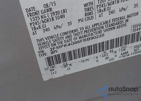 2015 Ford Edge Se z USA, uszkodzony, nr VIN 2FMPK4G98FBB90220